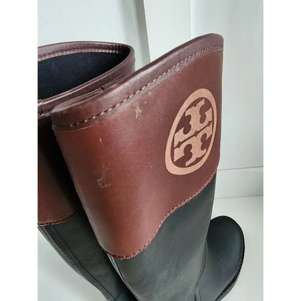Tory Burch Diana Tall Rubber Rain Boots Womens Size‎ 6 Logo Black Brown Logo